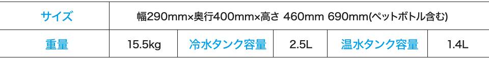 サイズ 幅290mm×奥行400mm×高さ 460mm 690mm(ペットボトル含む) 重量15.5kg 冷水タンク容量2.5L 温水タンク容量1.4L